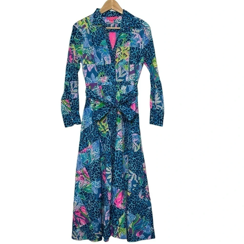 NWT Lilly Pulitzer Green Blue Aqua Mira Shirtdress Pop Up Lilly Party Patchwork